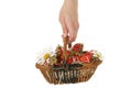 Woman hand,Wicker basket of strawberries