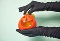 Woman hand in witch black gloves holding a pumpkin Jack lantern. Halloween concept Royalty Free Stock Photo