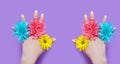 Woman hand and yellow, blue, pink flowers isolated on background. Summer and spring concept. Fashion design and manicure. Top view Royalty Free Stock Photo