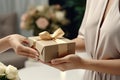 woman handing off box to man Royalty Free Stock Photo