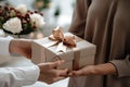 woman handing off box to man Royalty Free Stock Photo