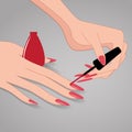 Woman Hands, Applying Nail Polish, Vector Illustration