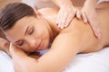 Woman, hands and back massage at spa, healing and aromatherapy with wellness and masseuse. Calm, natural and beauty with Royalty Free Stock Photo