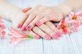 Woman hands with beautiful pink matted manicure Royalty Free Stock Photo