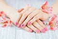 Woman hands with beautiful pink matted manicure Royalty Free Stock Photo