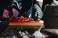 Woman hands in black gloves chopping red hot chili peppers Royalty Free Stock Photo