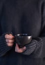 Woman hands in black sweater holding cup of hot drink Royalty Free Stock Photo