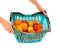 Woman hands carrying a full shopping basket. Royalty Free Stock Photo