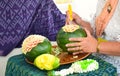 Woman hands carved watermelon show step.Original of Thailand. Th Royalty Free Stock Photo