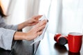 Woman hands cleaning laptop computer screen with Wet wipes Royalty Free Stock Photo