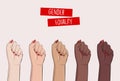 Woman hands clenched fists, feminist protest, support girls. Female power diversity, raised fist strong girl concept international