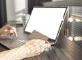 Woman hands closeup using laptop mockup and holding credit card. Woman shopping or booking smth online. Ecommerce Royalty Free Stock Photo