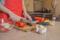 Woman hands cooking healthy meal in the kitchen, behind fresh vegetables. Cropped image of young girl cutting vegetables for Food Royalty Free Stock Photo