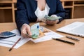 Woman hands counting euro money with document home budget lapptop pen Royalty Free Stock Photo