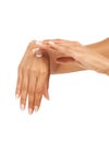 Woman, hands or cream in studio with skincare for cosmetics, manicure or nail treatment for wellness. Person, fingers or