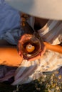 Woman hands with cup of chamomile tea. Royalty Free Stock Photo