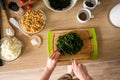 Woman hands, cutting onions Royalty Free Stock Photo