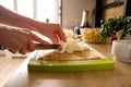 Woman hands, cutting onions Royalty Free Stock Photo