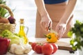 Woman hands cutting vegetables in the kitchen Royalty Free Stock Photo