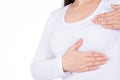 Woman hands doing breast self exam for checking lumps and signs of breast cancer isolated over white background. Medical,