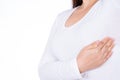 Woman hands doing breast self exam for checking lumps and signs of breast cancer isolated over white background. Medical, Royalty Free Stock Photo