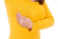 Woman hands doing breast self exam for checking lumps and signs of breast cancer isolated white background. Medical, healthcare Royalty Free Stock Photo