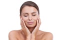 Woman, hands and eyes closed with beauty, skincare and cosmetics with hair, confident and face. Skin, female person and