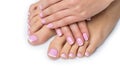 Woman hands and feet with french manicure Royalty Free Stock Photo