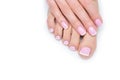 Woman hands and feet with french manicure Royalty Free Stock Photo