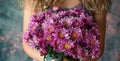 A woman hands gently hold a vibrant bouquet of chrysanthemums