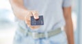 Woman hands giving credit card for money, finance and payment for shopping, capital investment and trade. Closeup of Royalty Free Stock Photo