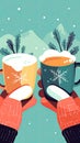 Woman hands in gloves holding a cozy mug with hot winter drink. Seasonal card Royalty Free Stock Photo