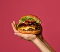 Woman hands hold big double cheeseburger burger sandwich with beef tomatoes and cheese Royalty Free Stock Photo