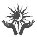 Woman hands hold black sun with moon inside on palms, occultism and mysticism, magic spells and witchcraft