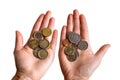 Woman hands hold the euro and pounds of coins