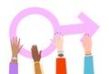 Woman hands hold female symbol concept, vector illustration, flat girl character at pink gender sign, feminist activist