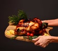 Woman hands hold plate with cooked thanksgiving turkey or chicken for christmas dinner evening with on wooden rustic plate