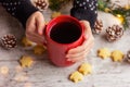 woman hands hold red cup with hot drink on table with cookies and cones. winter holidays, Christmas, New Year Royalty Free Stock Photo