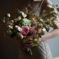 Woman hands holding beautiful decorated bouquet of flowers , closeup shoot.
