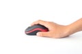 Woman hands holding black computer mouse on a red Royalty Free Stock Photo