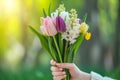 Woman hands holding bunch of beautiful colorful spring flowers outdoors Royalty Free Stock Photo