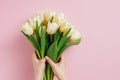 Woman hands holding bunch of beautiful white spring tulips on pale pink background Royalty Free Stock Photo