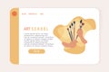 Woman hands holding bunch of paintbrushes landing page or web banner. Art school or shop concept. Creativity and handcraft concept