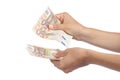 Woman hands holding and counting a lot of fifty euros banknotes