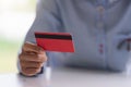 Woman hands holding credit card for shopping online. Pays for purchase. Online Payment Concept Royalty Free Stock Photo