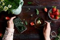 Woman hands holding cup of chamomile tea and mobile phone. Summer atmospheric fresh strawberries, chamomile, natural tea Royalty Free Stock Photo