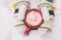 Woman Hands Holding Cup of Hot Chocolate with Marshmallow candies. Knitted mittens and Warm cocoa drink. Hello February or Royalty Free Stock Photo