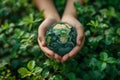 a woman hands holding green planet model