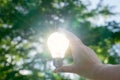 Woman hands holding light bulb with solar energy or thermal energy concept. Royalty Free Stock Photo