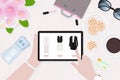 woman hands holding mobile tablet online shopping concept top view flat style